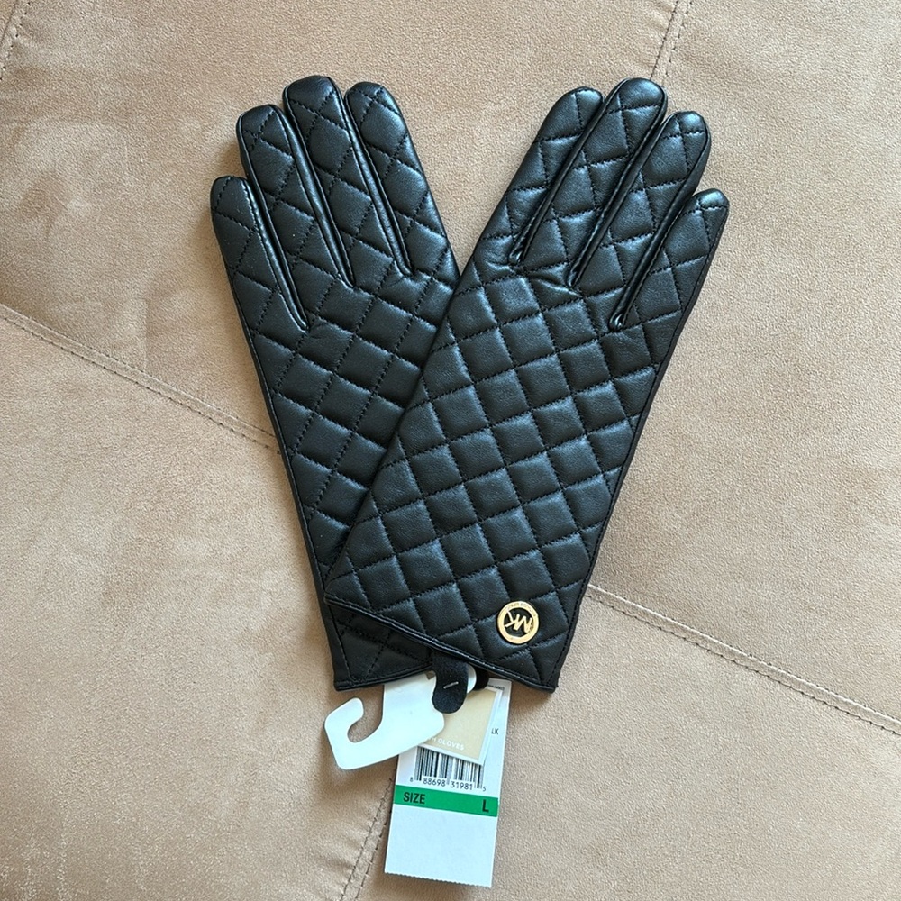 Michael Kors Black Quilted Leather Gloves L NWT